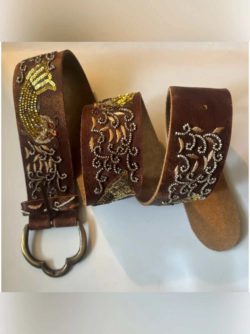 Vintage 80’Betsey Johnson  Leather Beaded Fish Belt ~Gold Sequins Size M